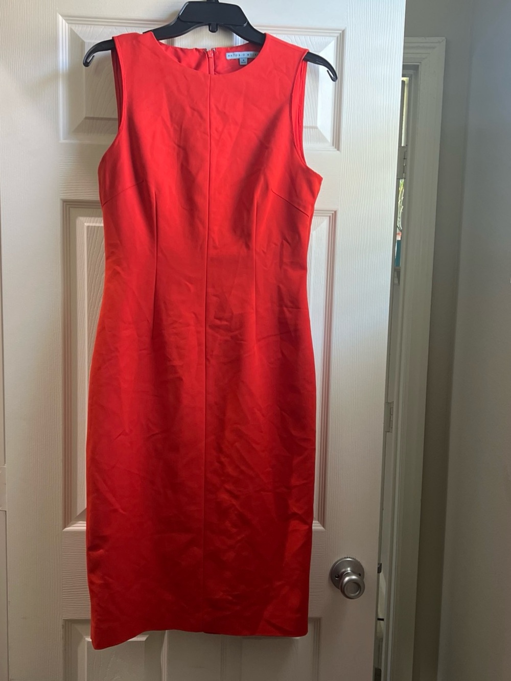 ANTONIO MELANI Vibrant Red Orange Sleeveless Sheath Midi Dress